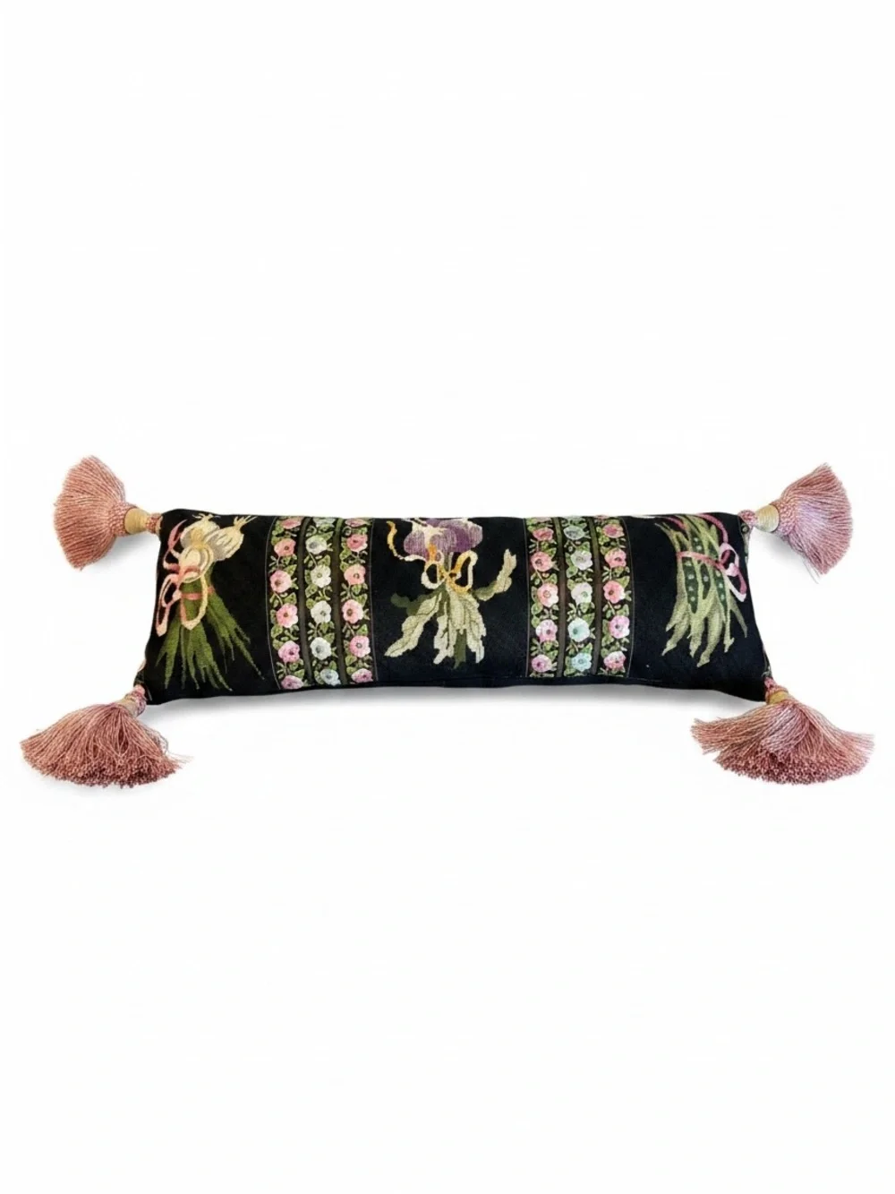 Embroidered Floral Bolster Pillow with Tassels - Botanical Garden Cottagecore